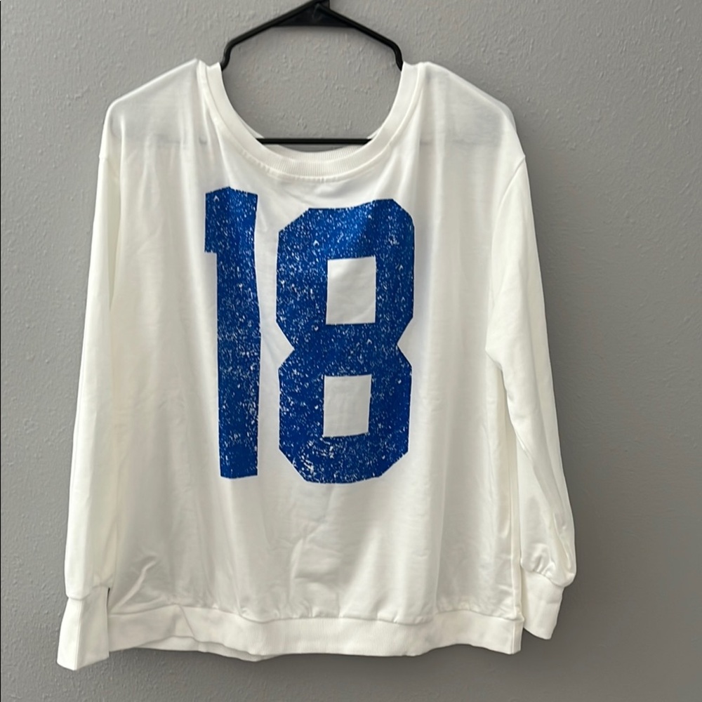 White Long Sleeve Top with Blue Number 18